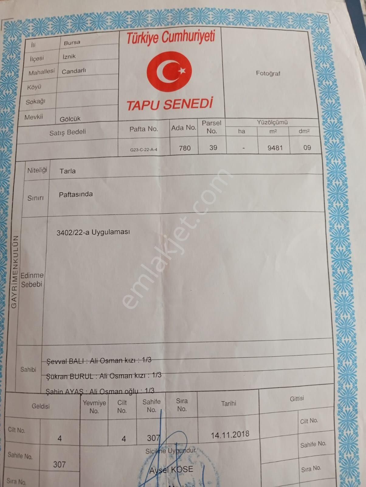 İznik Candarlı Mahallesi'nde Satılık Tarla