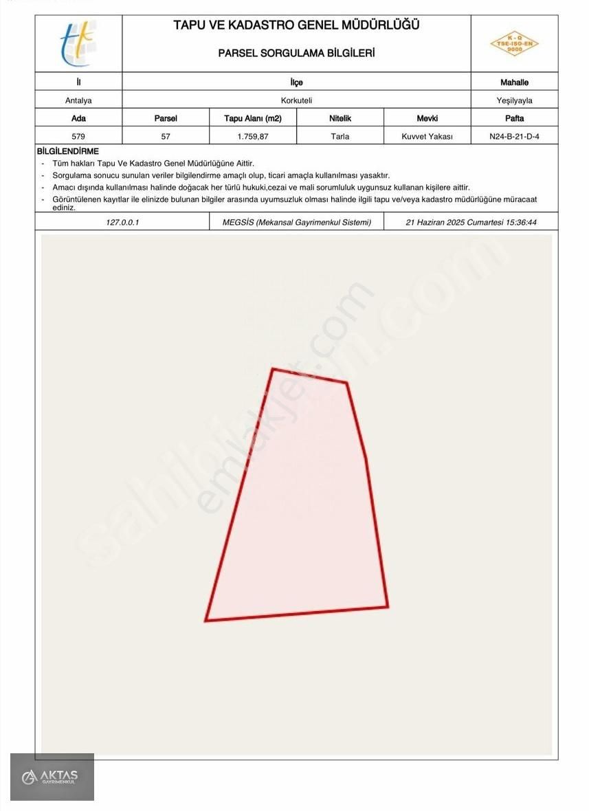 Antalya Korkuteli Yeşilyayla 1.759 M2 Satılık Tarla