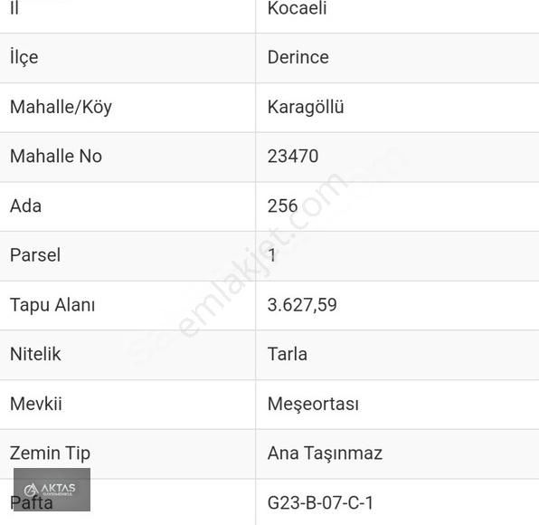 Kocaeli Derınce Karagöllüde 3627m2 Resmi Yollu Takas Var