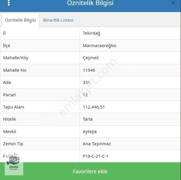 Tekirdağ Marmaraereğlisi Çeşmelide Hisseli Tapular