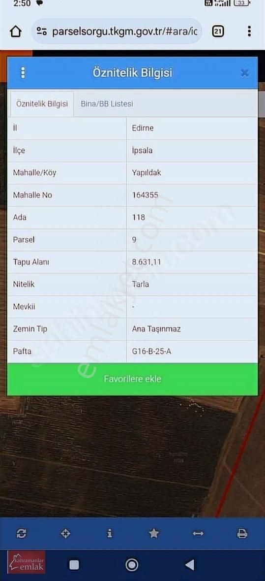 Keşan İpsala Yapıldak Satilik Tarla
