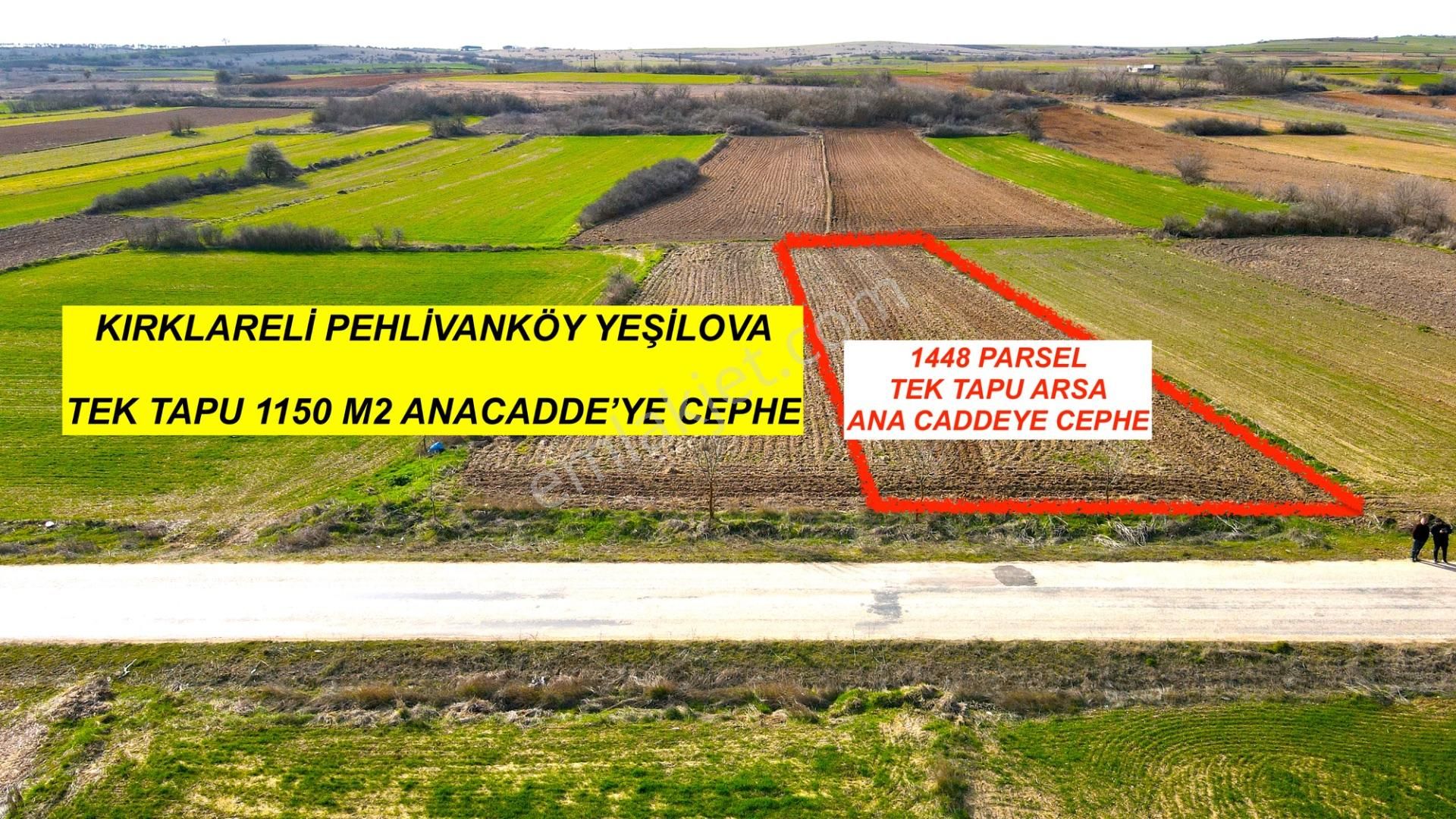 Kırklareli Pehlivanköy Yeşilova Anayola Cephe 1150 M2 Tek Tapu Arazi Komisyonsuz
