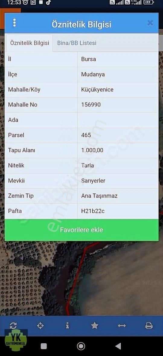 Satılık Mudanya Küçükyenice 1000 M2 Tarla İcinde Ceviz Ağaçları