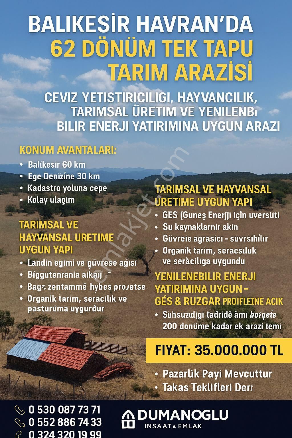 🌳 Balıkesir Havran’da 62 Dönüm Tek Tapu Tarım Arazisi! 🌳