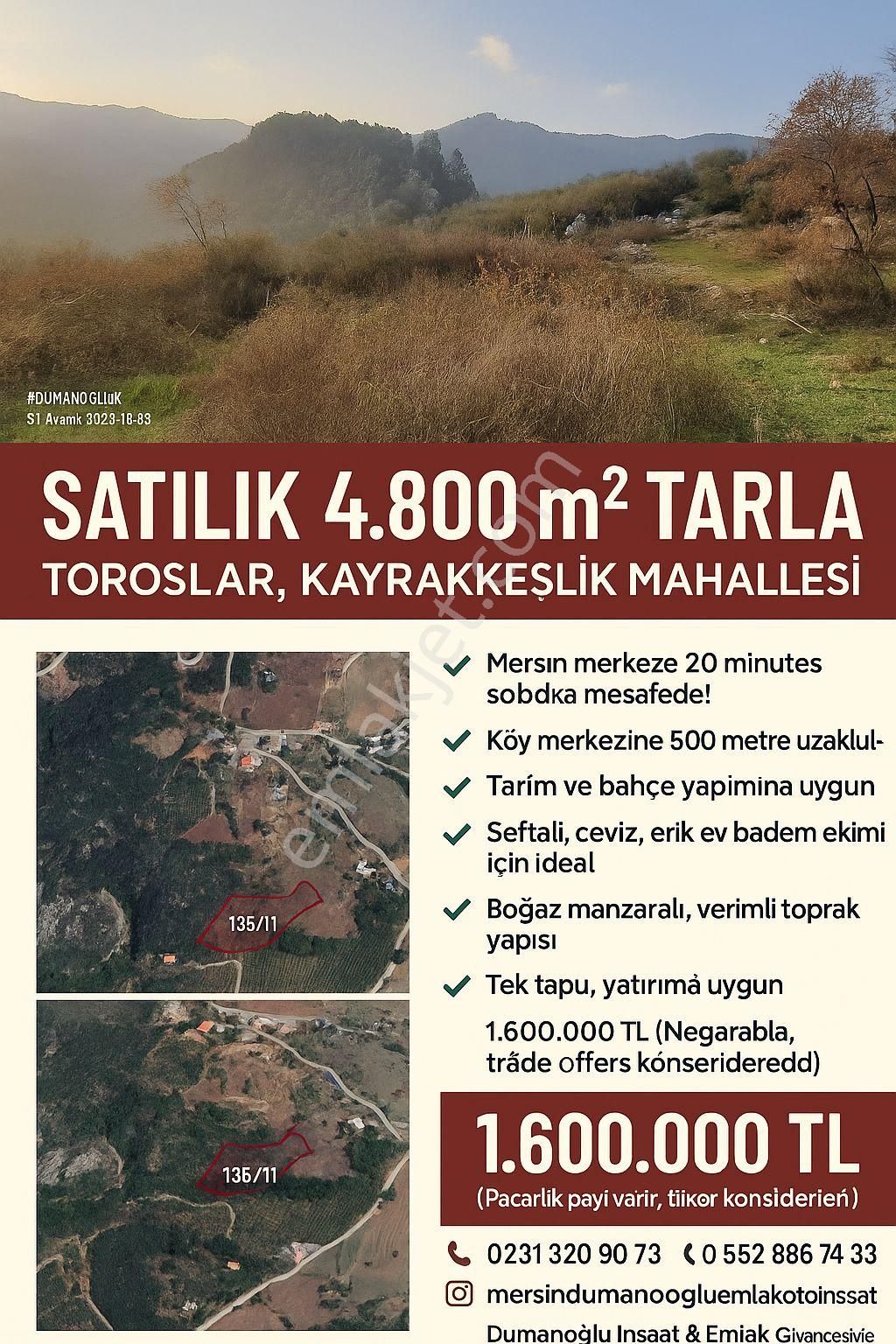 🌿 Doğayla İç İçe Yatırım Fırsatı! 🌿📍 Toroslar / Kayrakkeşlik Mahallesi – 4.800 M² Tek Tapu Tarla