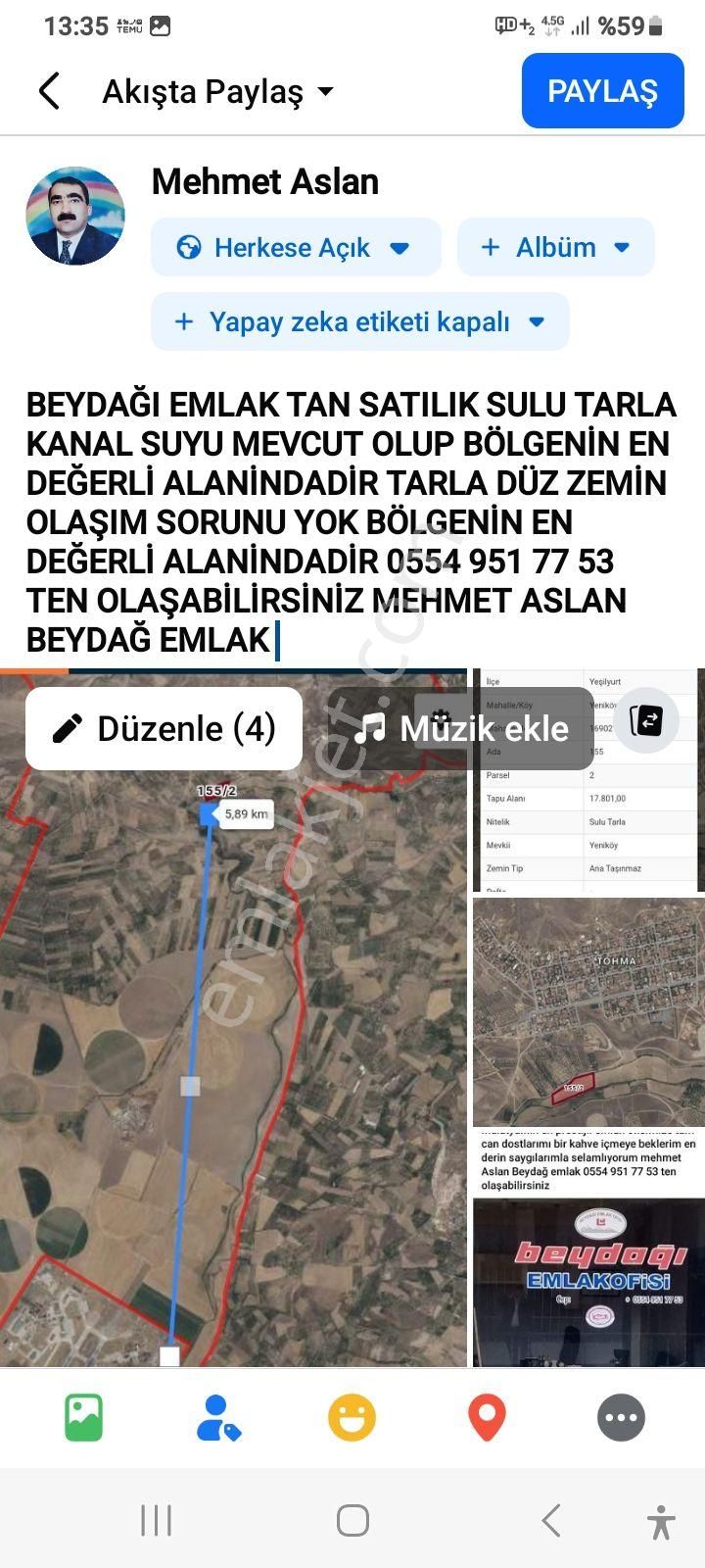 Beydağı Emlak Tan Satılık Tarla Düz Zemin Kanal Suyu Mevcut