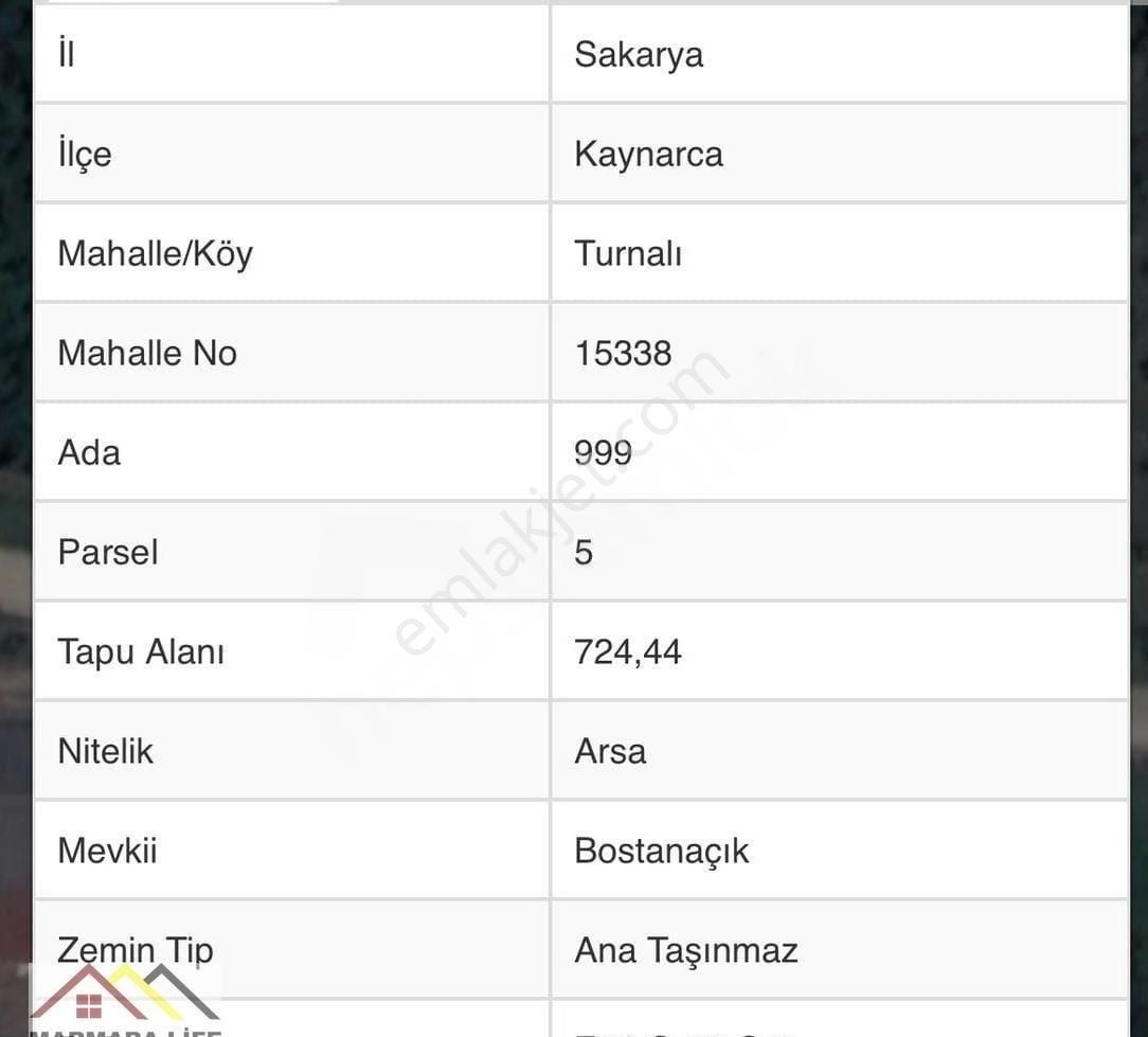 Sakarya Kaynarca Turnalı Mahallesinde 724 M2 İmarlı Arsa