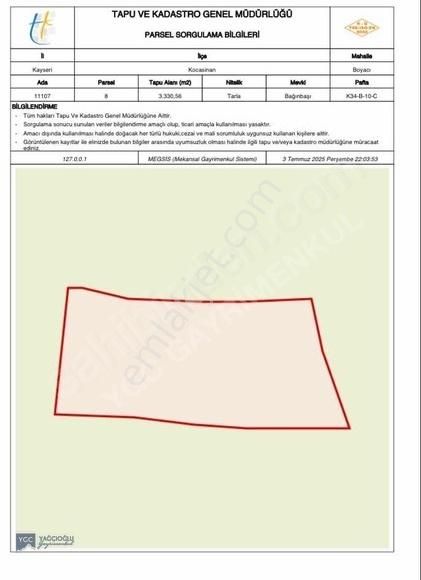 Ygc-yatırım Düşünenlere Erkilet Boyacı'da 3330 M2 Tarla