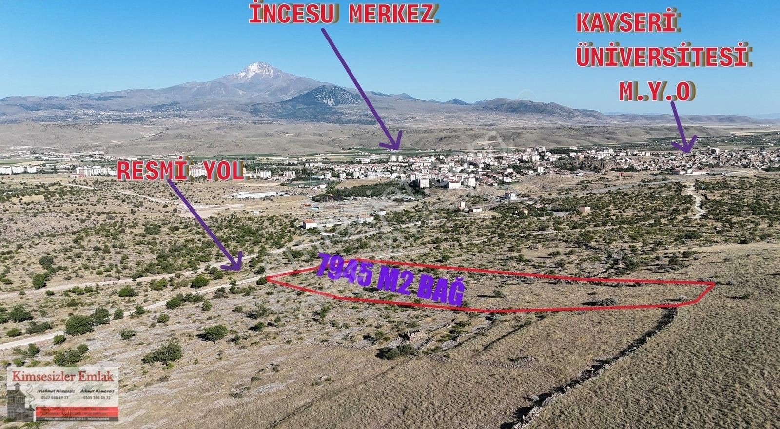 İncesu Bahçesaray'da Erciyes Manzaralı Önü Açık 7945 M2 Bağ