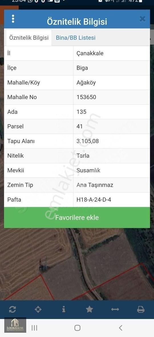 Lookhause Çanakkale Biga Ağaköy 3105 M2 Satılık Tarla