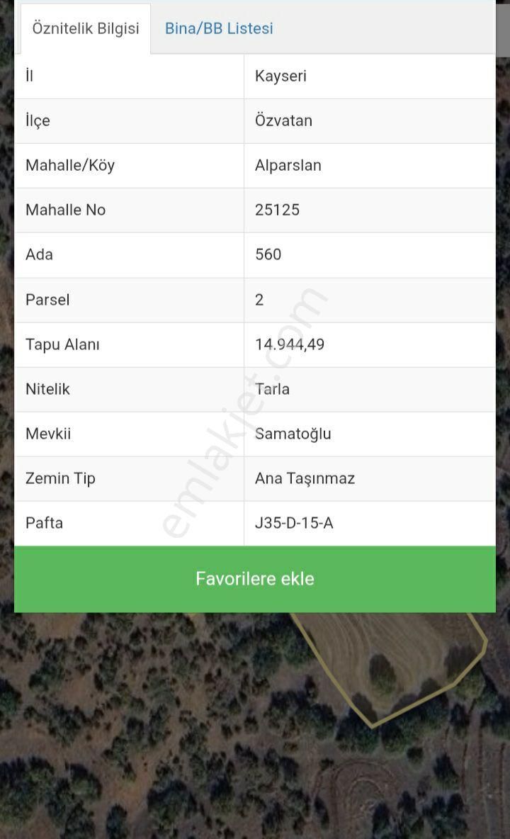 Özvatan Da 14.944m2 6/1 Hisseli Satılık Tarla