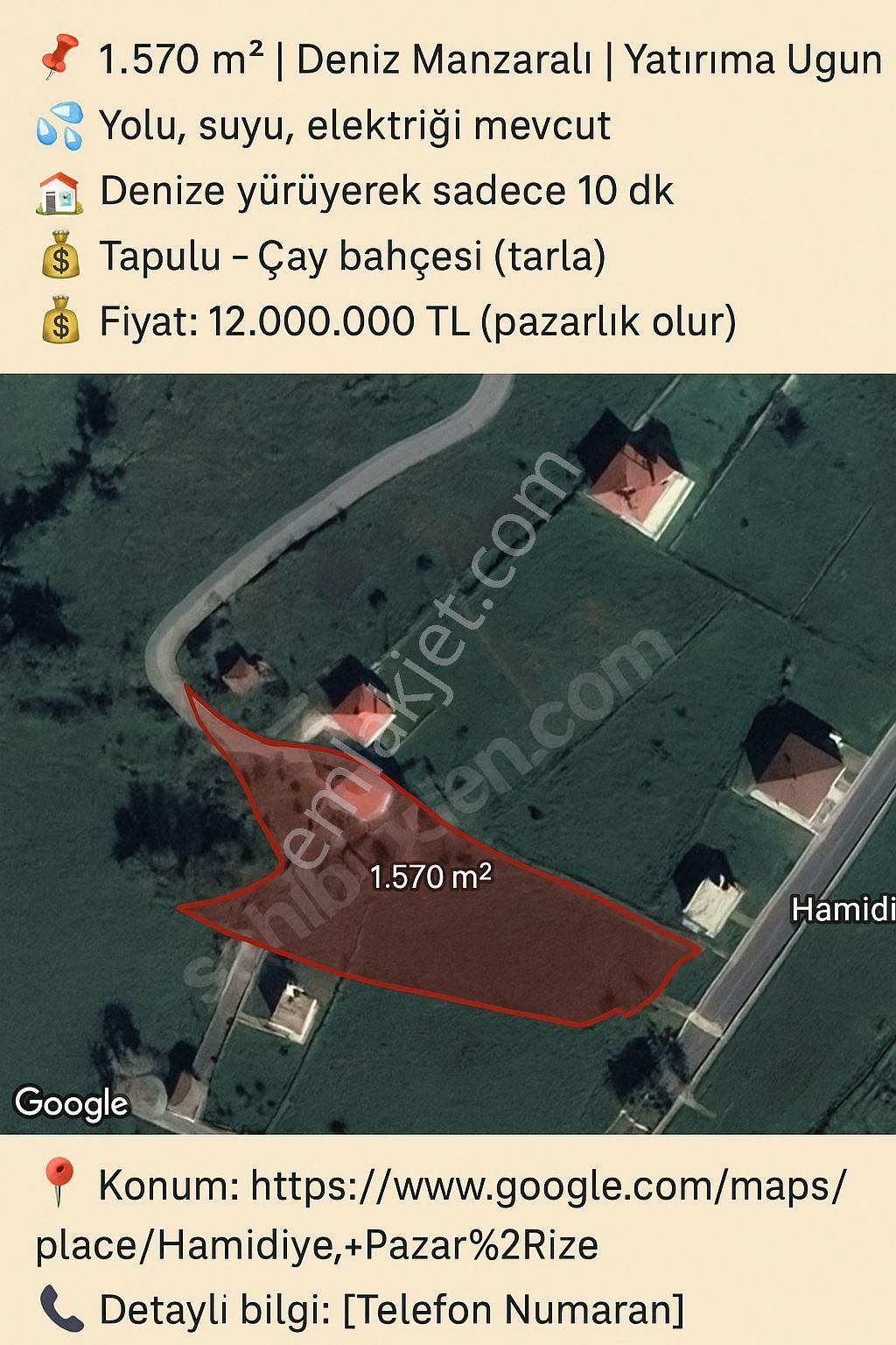Rize Pazar Hamidiye'de Deniz Manzaralı, Altyapılı 1.570 M² Arsa – Yatırıma Uygun!
