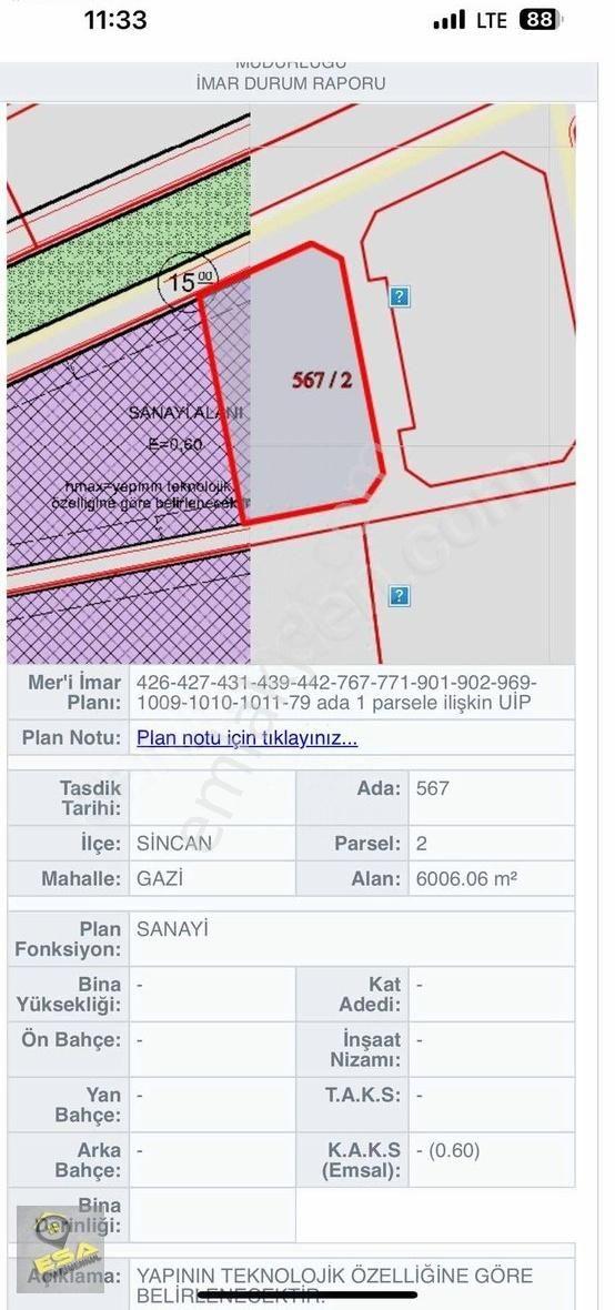 Sincan Temellı'de Eskişehir Yolu Dibinde Sanayi Parseli Acil
