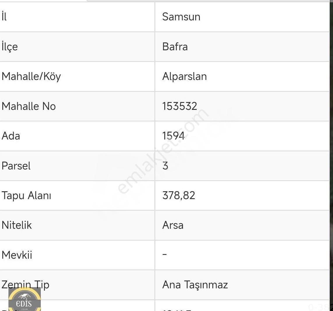 Edis Emlak'tan Satılık Bafra Alparslnda 774 M² 5 Kat İmarlı Arsa
