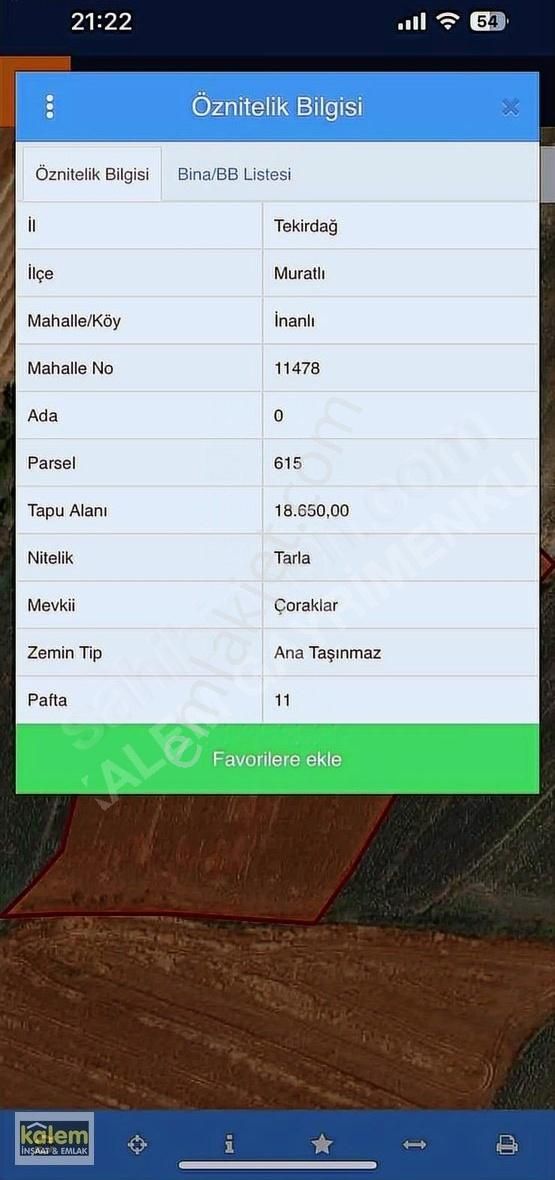 Kalemden Tekirdağ Muratlıda 350 M2 Tarla