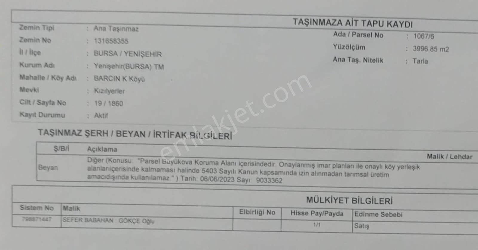 Bursa, Yenişehir, Barcın'da Sahibinden Satılık 4 Dönüm Tarla
