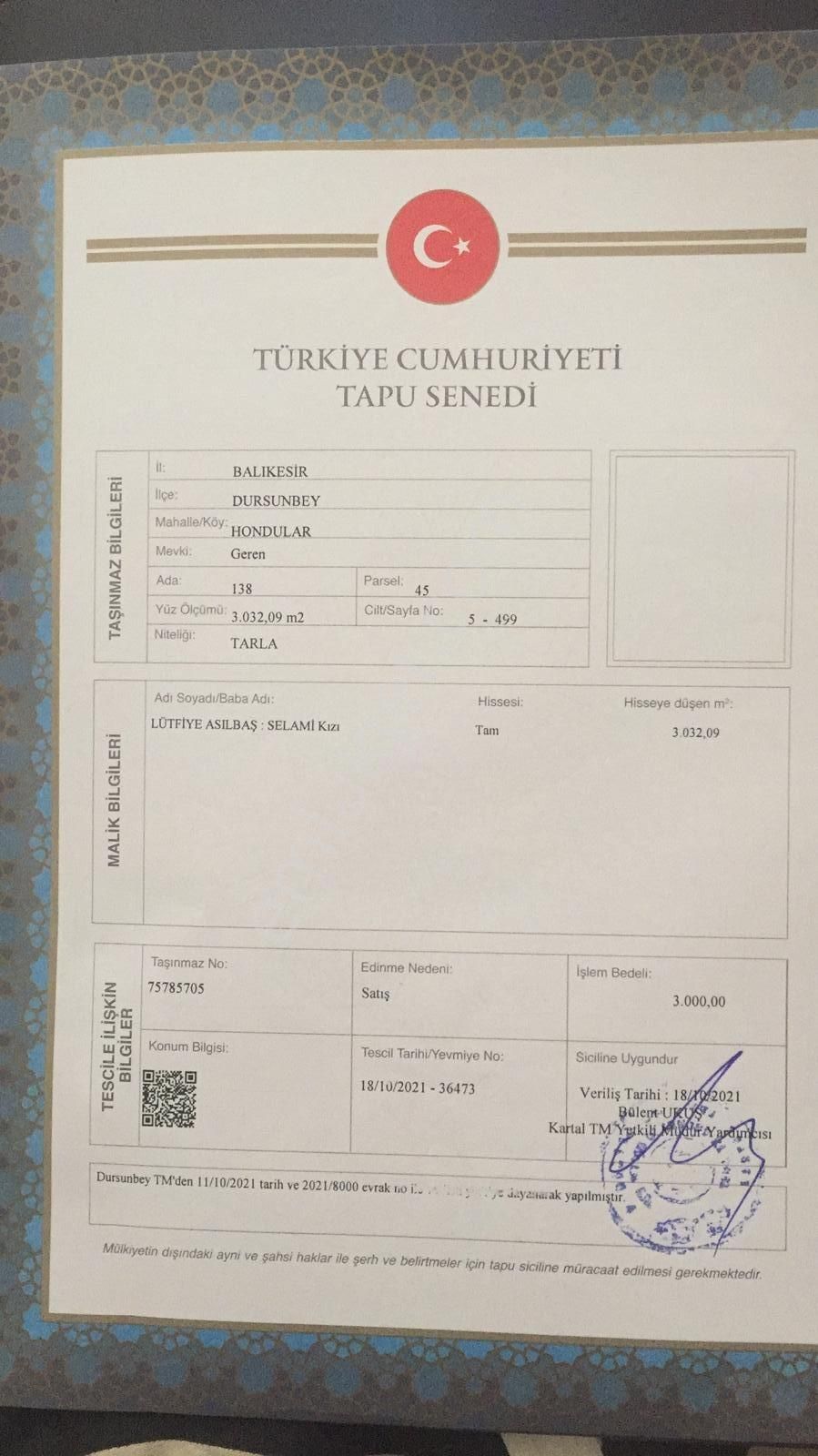 3 Dönüm Satılık Arsa