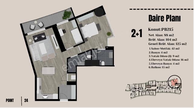 Satılık Bornova Point Residence 2+1 Daire
