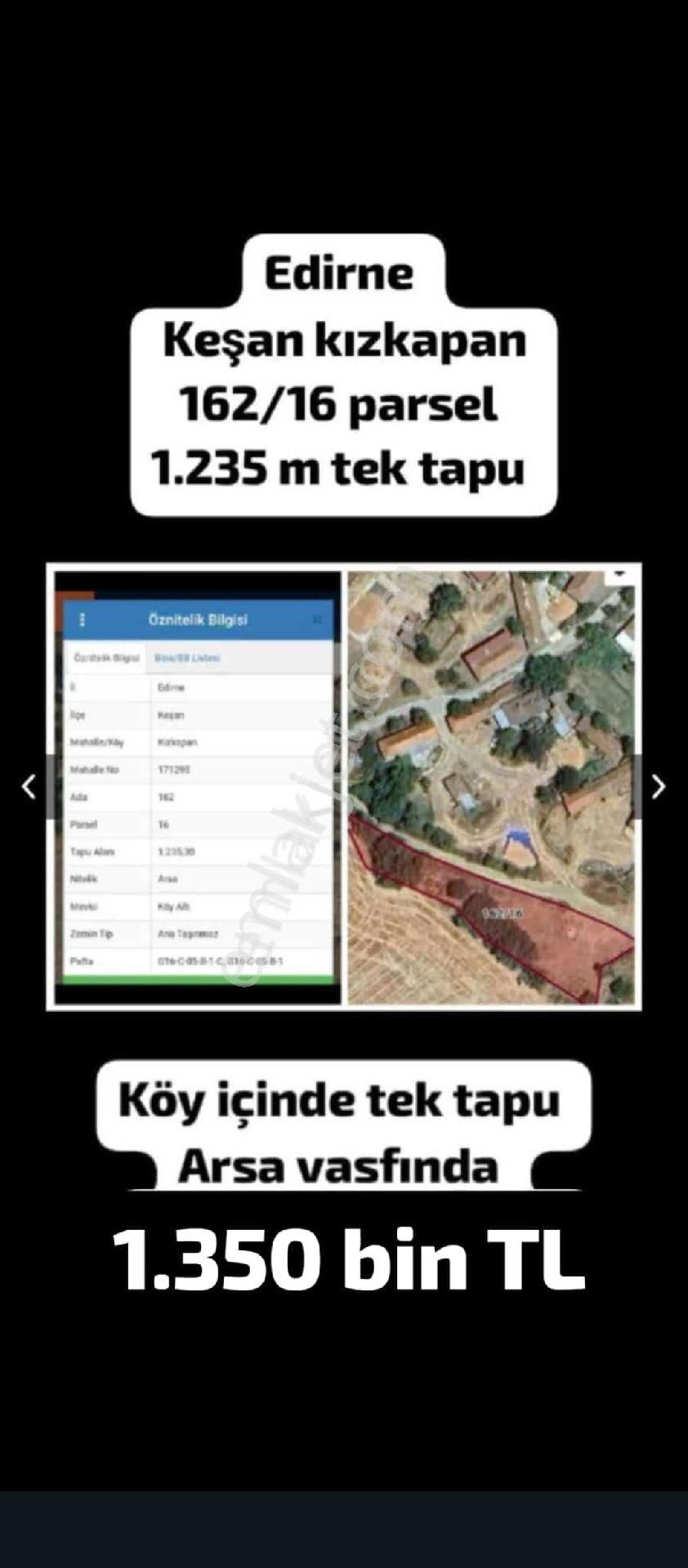 Edirne Keşan Kızkapan Tek Tapu Arsa 1235 M