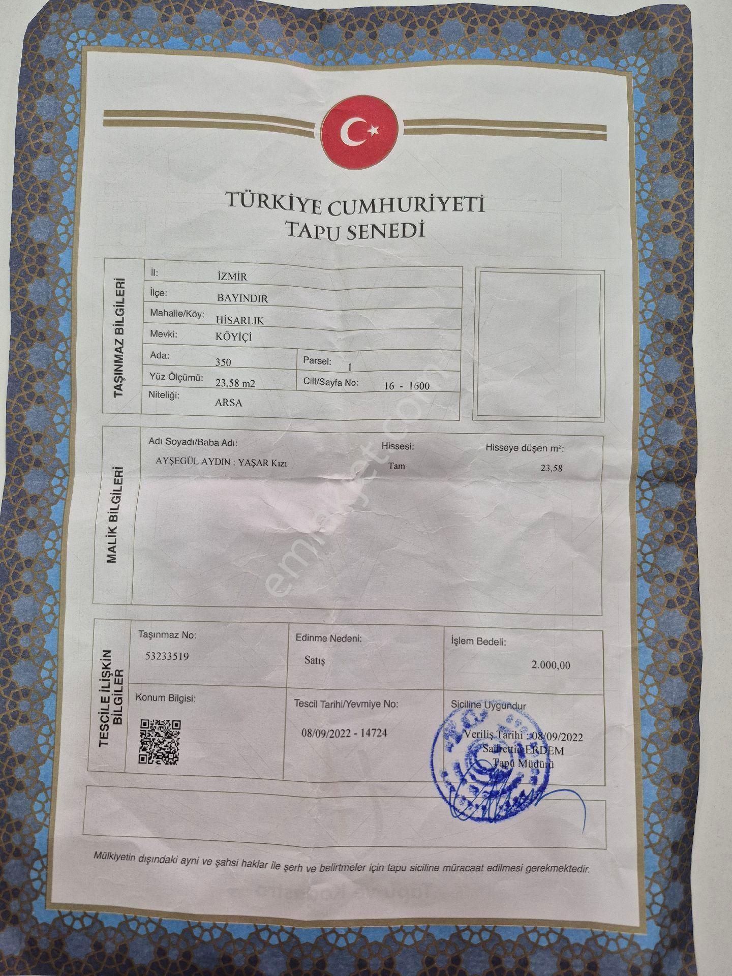 Bayındır Da 23.58m2 Satılık Arsa Tek Tapu Köyiçinde