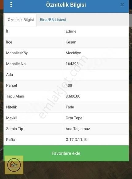 Edirne Keşan Mecidiyeköy 408 Parsel 1800 M2 Satılık Arazi