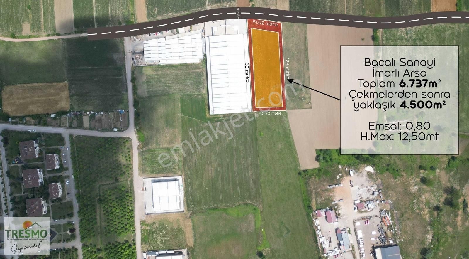 Bacalı 6737m² 0,80 Emsal H Max=12,5m Olan Satılık Sanayi Arsası