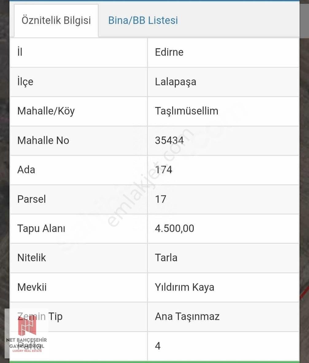 Satılık Tarla Edirne / Lalapaşa / Taşlımüsellim Mahallesi