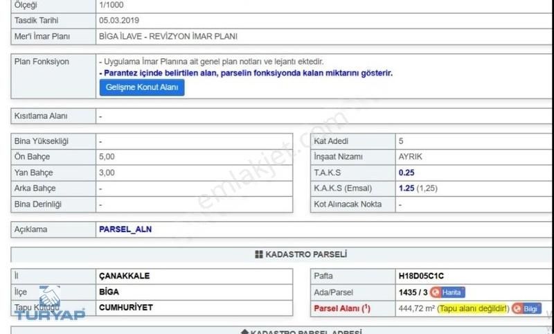 Çanakkale Biga Cumhuriyet Mah.444m2 5 Kat İmarlı Arsa - Görsel 2