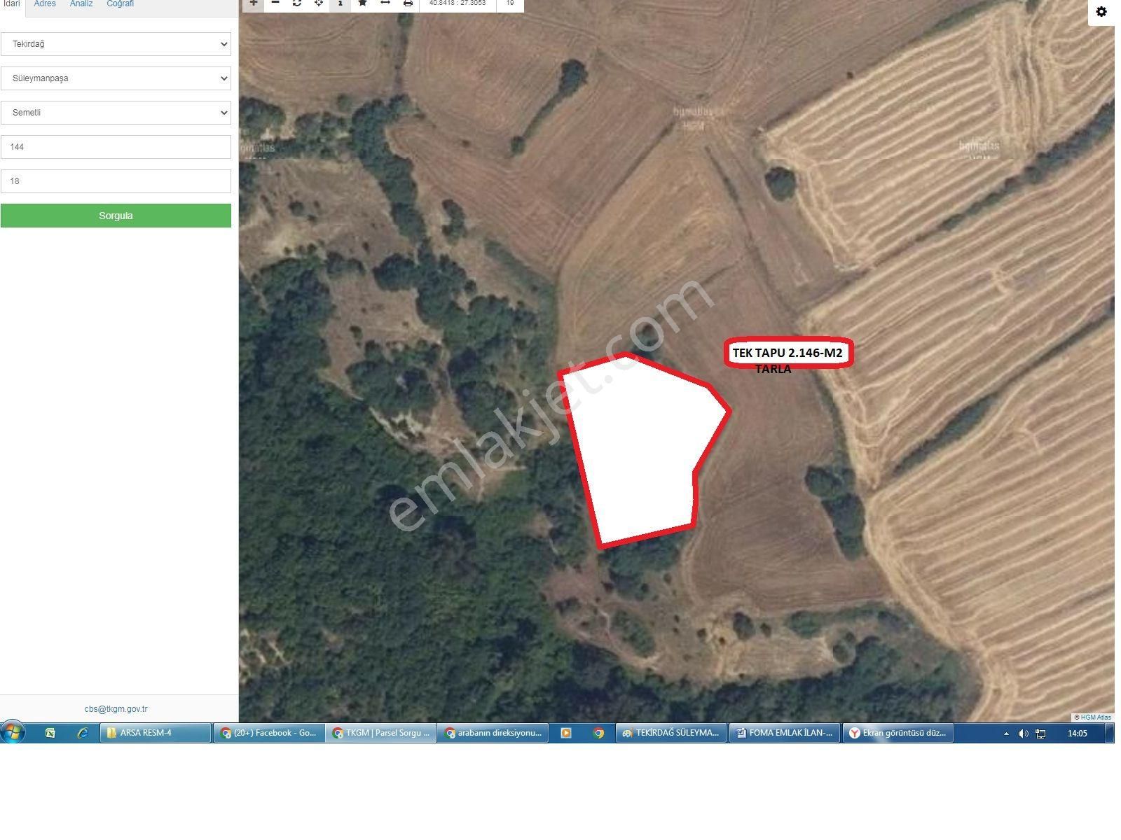 Tekirdağ Süleymanpaşa Semetli Köyünde Yatırımlık Tek Tapu 2.146 M2 Tarla