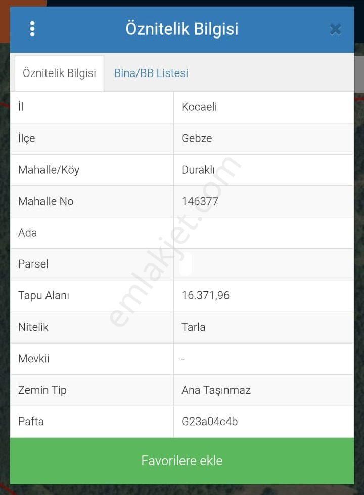 Gebze Duraklı 16371 M2 Satılık Tarla