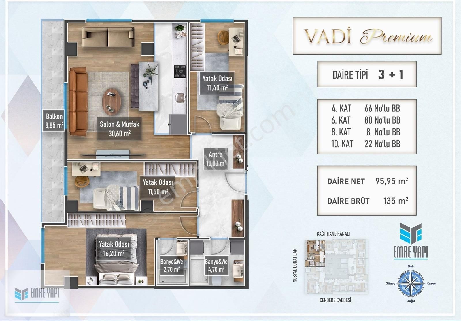 Vadi Premium Projesi 3+1 173m2 Balkonlu Satılık Daire