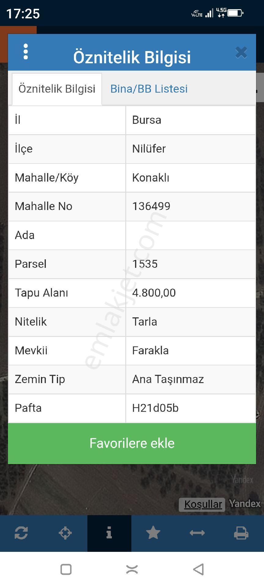 Bursa Nilüfer Konaklı Mahallesi Satılık 4.800 Mt2 Tarla