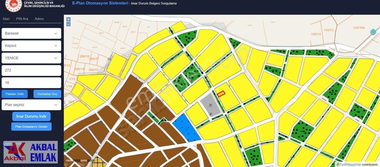 ' Akbal Emlak Ve Arsa Ofisi 'satılık İmarlı Yola Cephe Net280m2