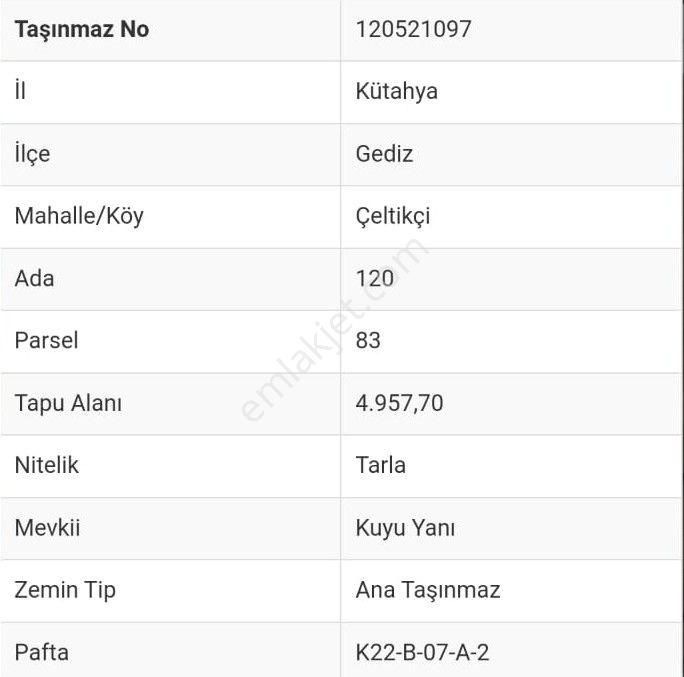 Kütayha Gediz Çeltikçi Mahallesi 4957m2 Satılık Tarla