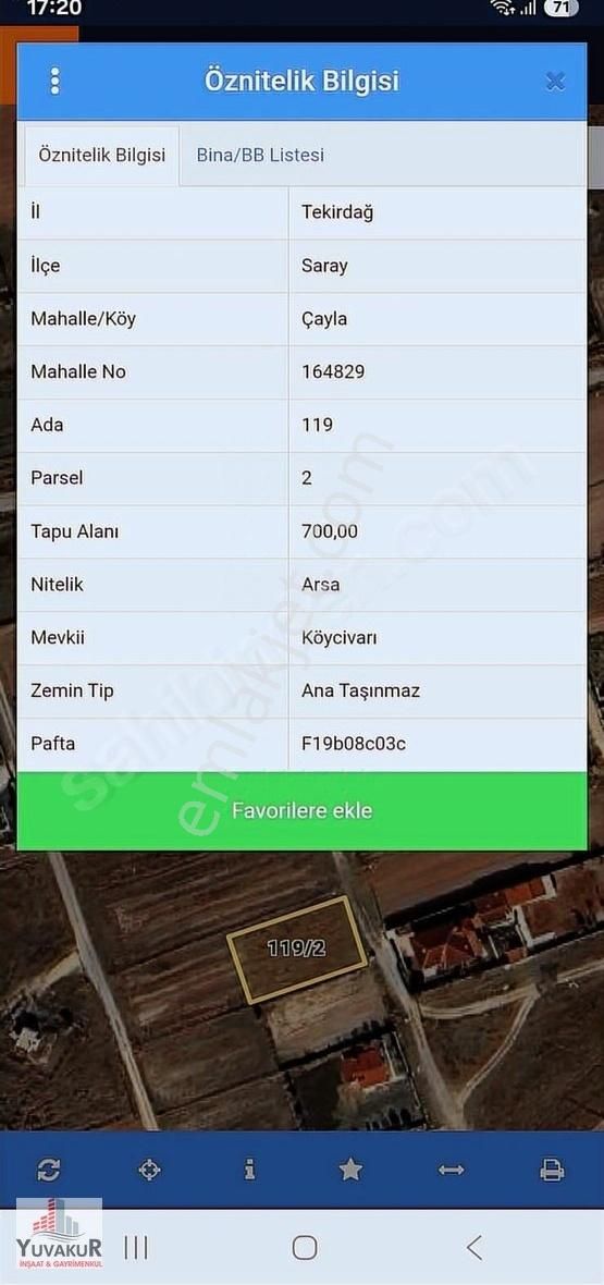Yuvakur'dan Saray Çayla Mah'de 700m2villa İmarlı İfrazlı Tektapu