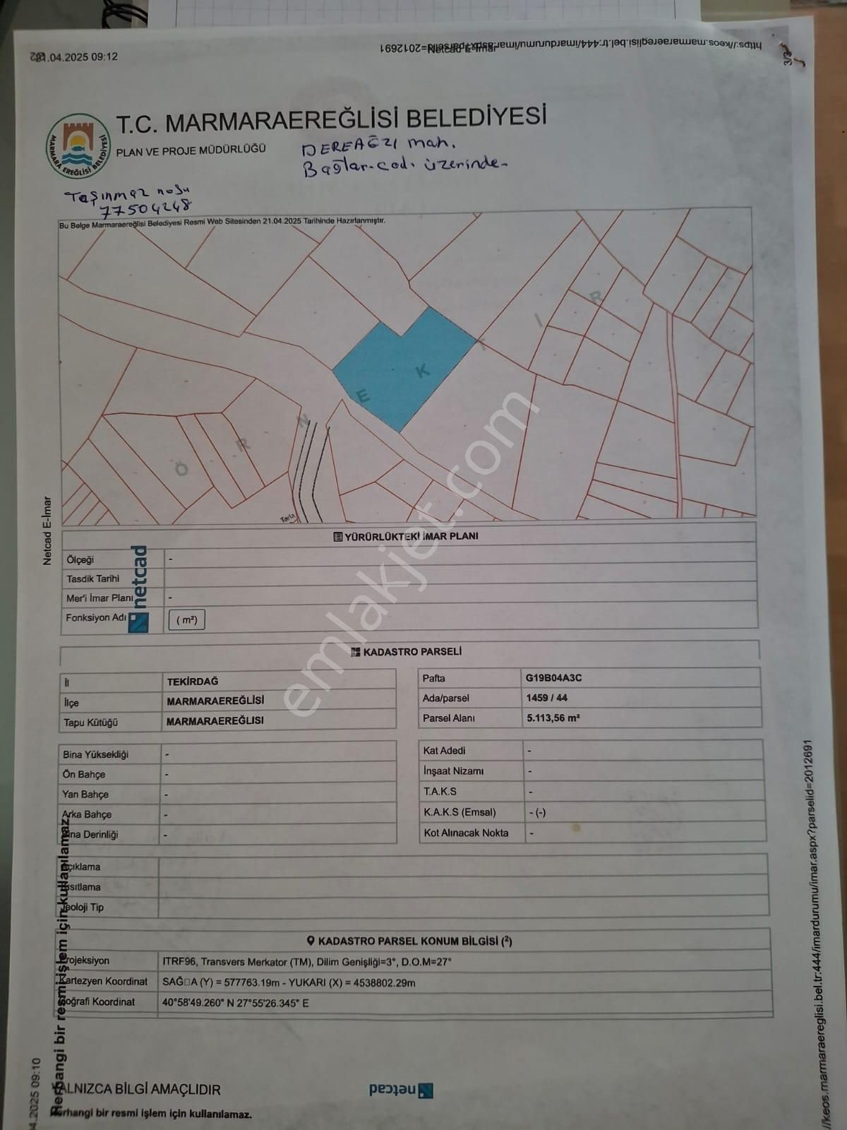 Tekirdağ M.ereğlisi Dereağzı Mah Bağlar Cad Üzerinde 408 M2 Satılık Arsa
