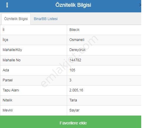Bilecik Osmaneli Dereyörük Köyü Satılık Bahçe