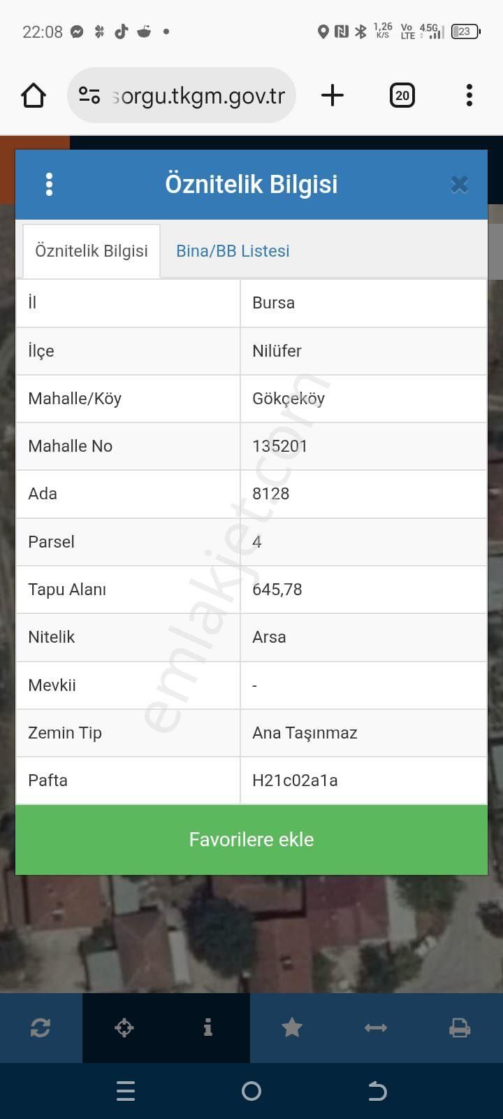 Bursa Nilüfer Gökçeköy Mahallesi Satılık 645 Mt Arsa