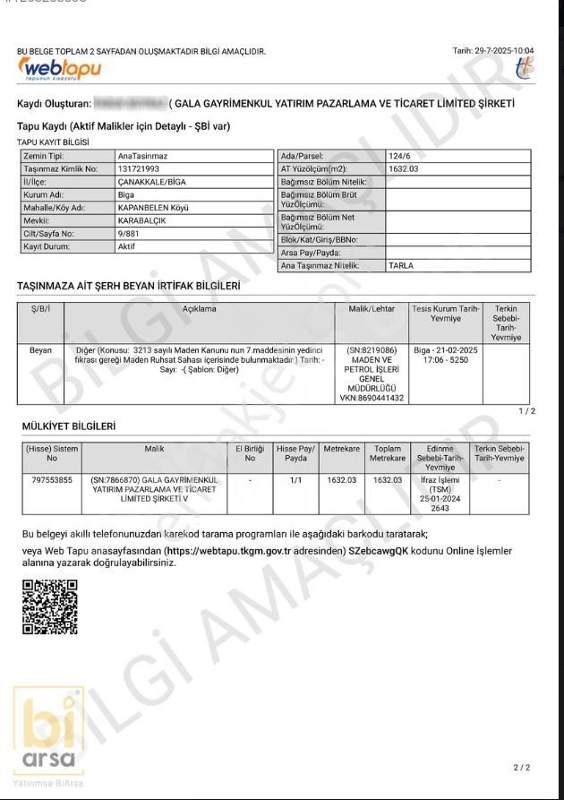 Biga Kapanbelen Köyünde Çan Yoluna Yakın 1.632,03 M² Tarla - Görsel 2