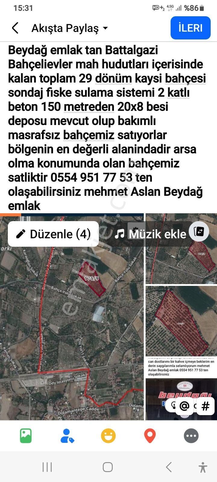 Battalgazi Bahçelievler Mah 2 Katlı Betonev 29 Dönüm Kaysi Bahcesi Satiliktir