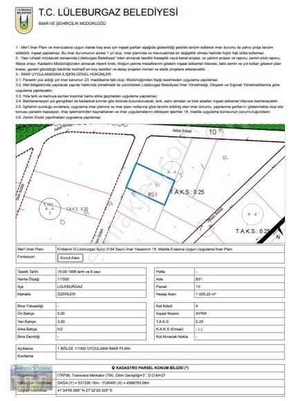 Lüleburgaz 5681m2 4 Kat Konut İmarlı Satılık Arsa