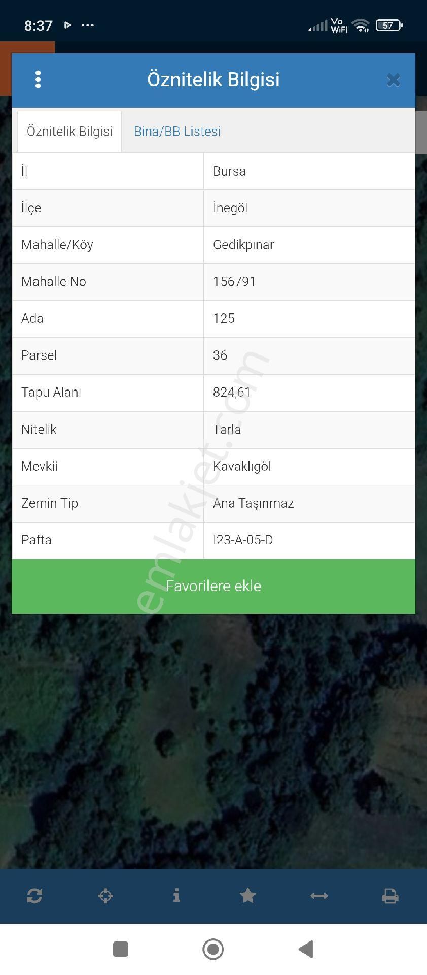 Bursa İnegöl Gedikpınar Mahallesi Satılık 824 Mt Tarla