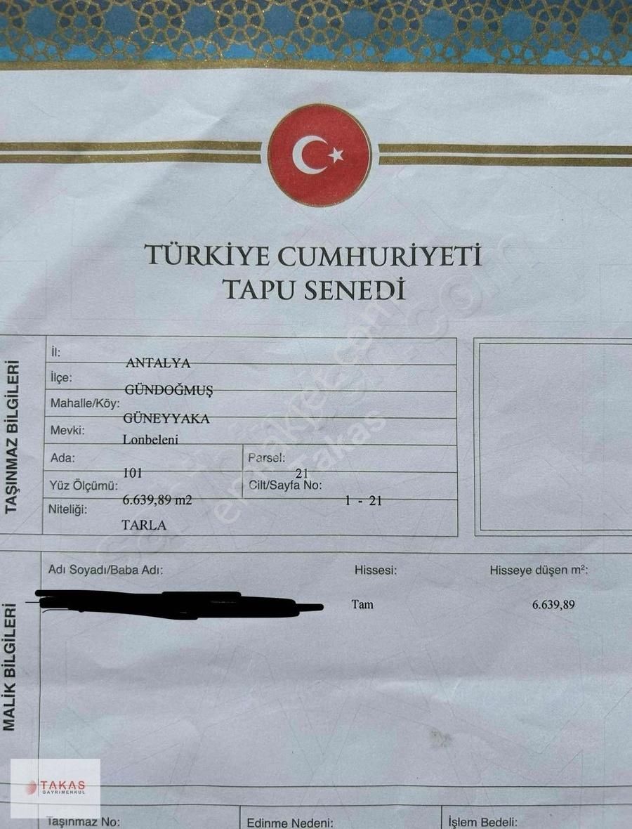 Antalyada Tek Tapu 6.6 Dönüm Geniş Arazi