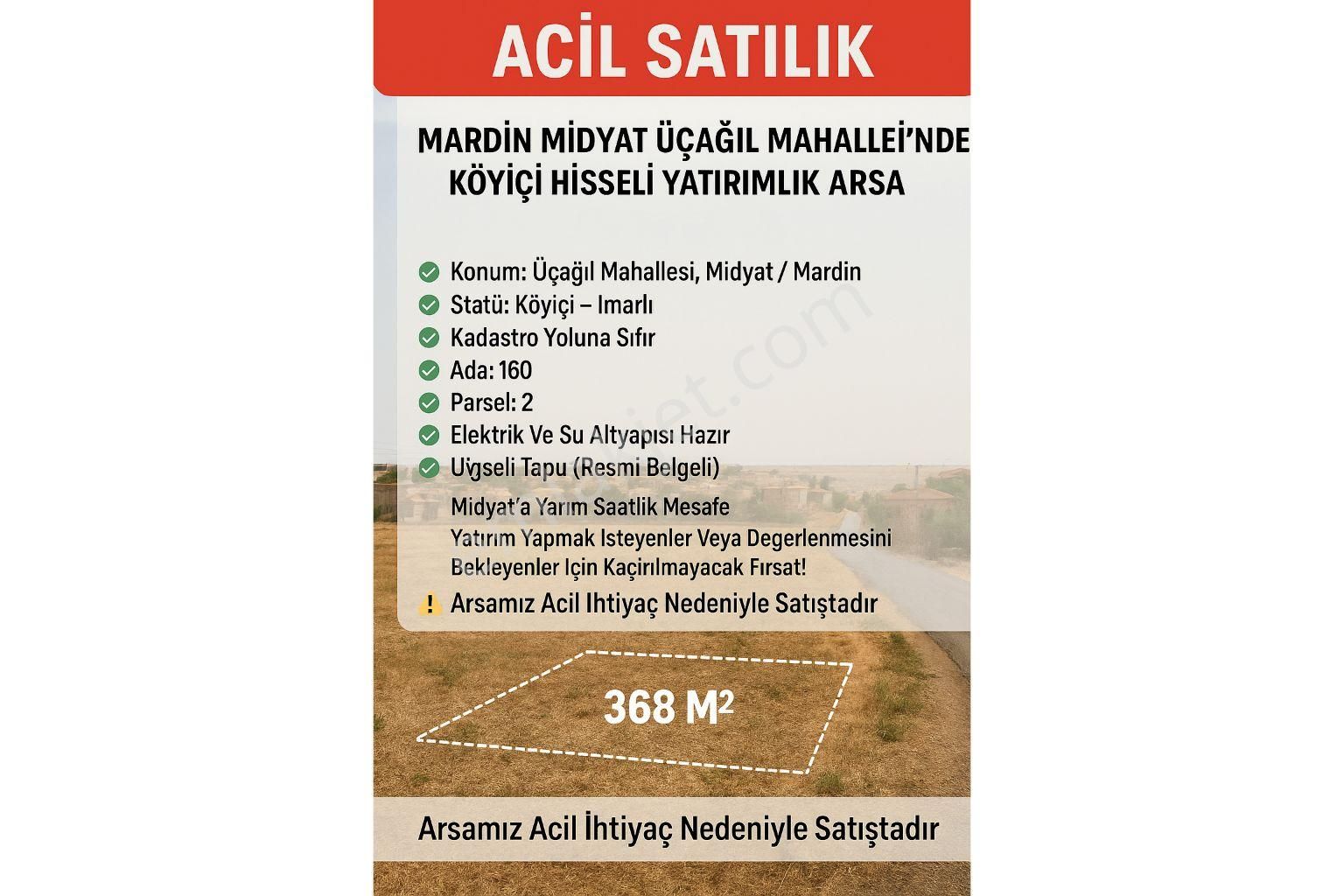 Mardin Midyat Üçağıl Mahallesi Satılık Köyiçi İmarlı Arsa