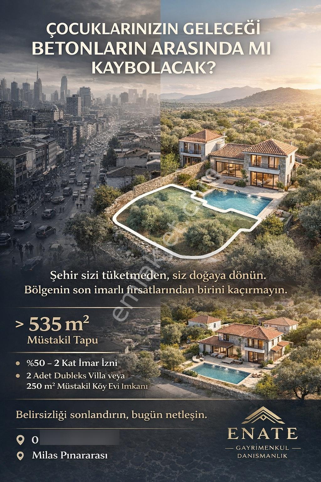 Milas Pınararası Köy İçi Toplam 535 M2 (250m2 ) İmarlı Arsa- İnşaata Hazır