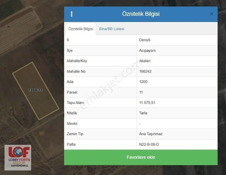 Lobby Fortis'ten Acıpayam Akalan'da Satılık 11.575 M2 Tarla