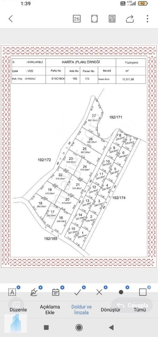 Kırklareli Vize Evrenli De Satılık 294 M2,5 Adet Parsel