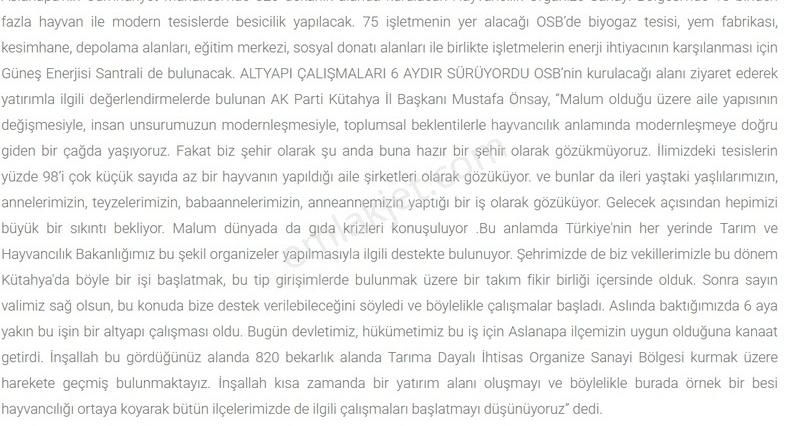 Aslanapa Pazarcık Kurulacak Osb'ye 10km Ek Biç Bahçe Yap 3110m²