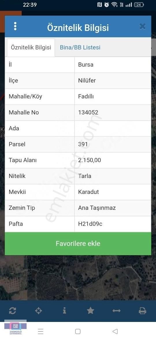Bursa Nilüfer Fadıllı'da Satılık Tarla