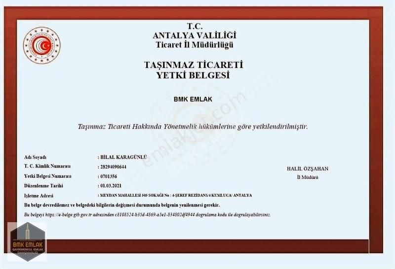 Bmk Dan Antalya Kumluca Adrasanda Satılık Müstakil Tapu Arazi